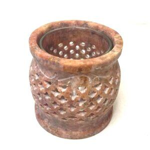 Vtg Soapstone Votive Tea Light Holder w/ Glass Insert Pierced Carved Pink Purple